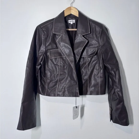 Superdown Revolve Blakely Brown Faux Leather Cropped Blazer Jacket Size S NWT - Picture 2 of 7